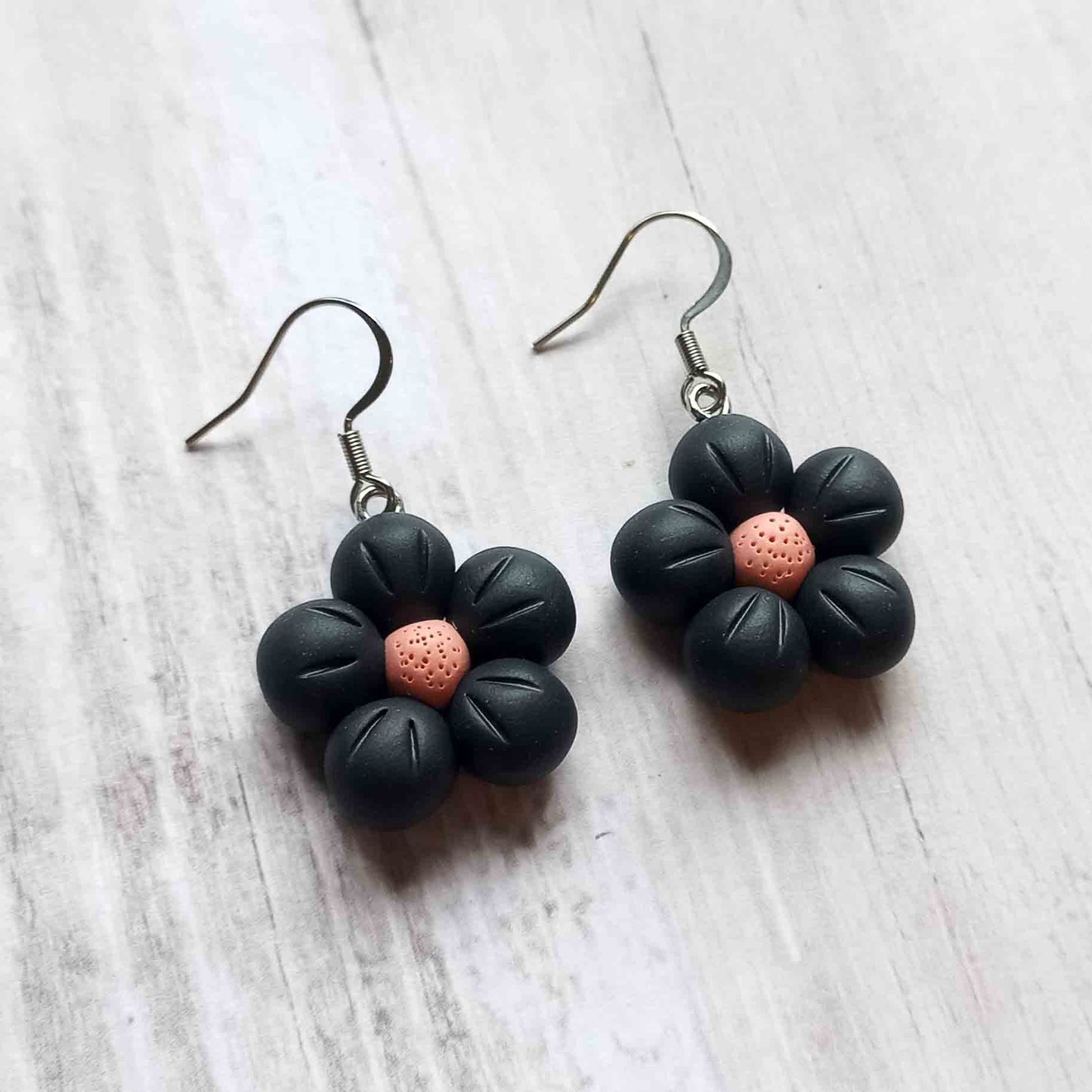 Puffy Flower Earrings Charcoal Pink