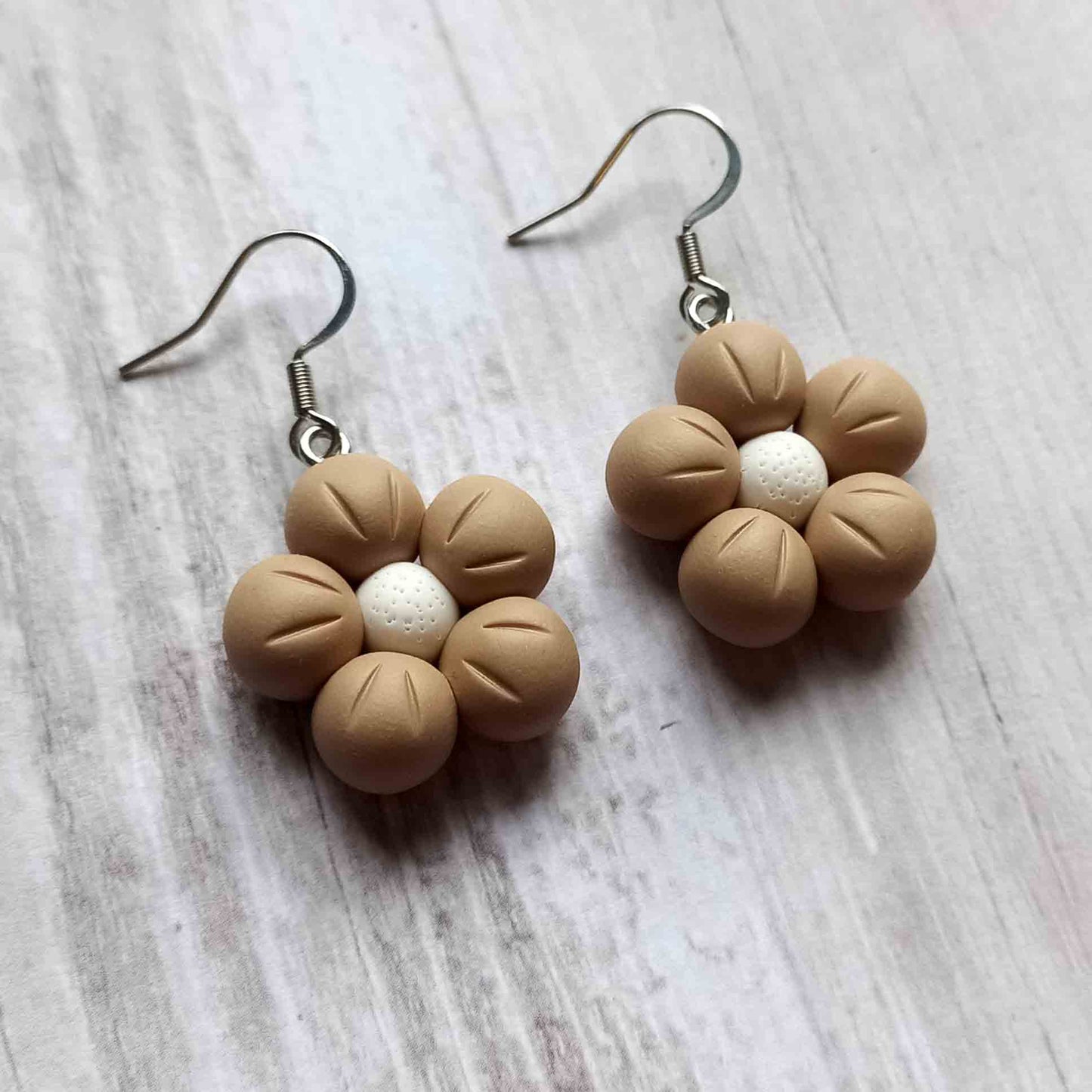 Puffy Flower Earrings Beige