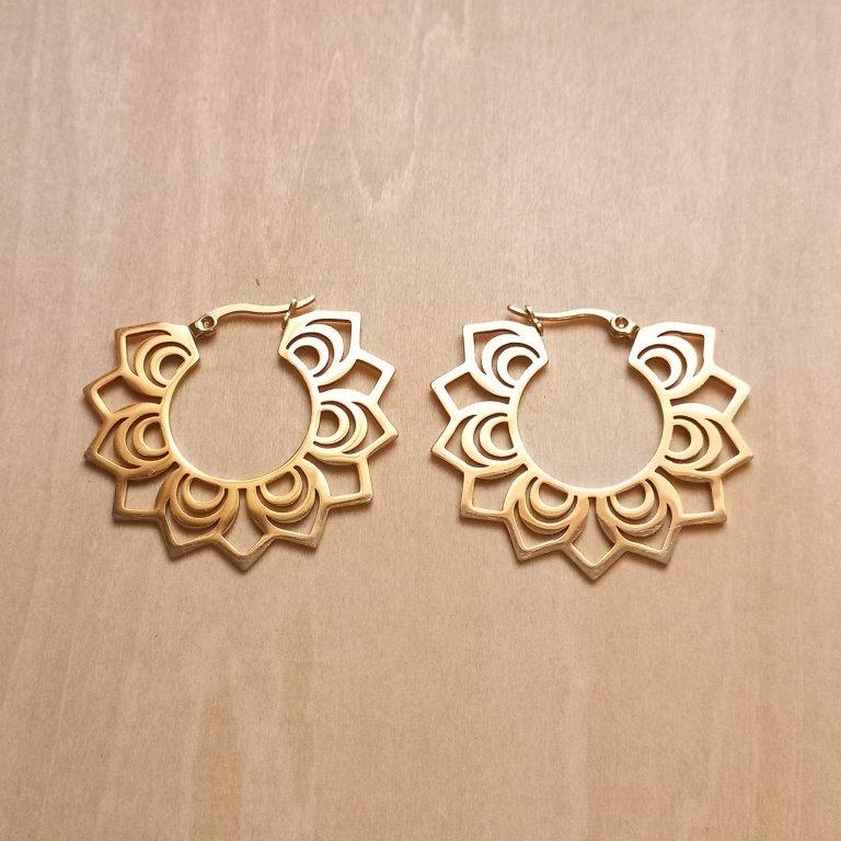 Golden Bohemian Flower Hoop Earrings 36x40mm