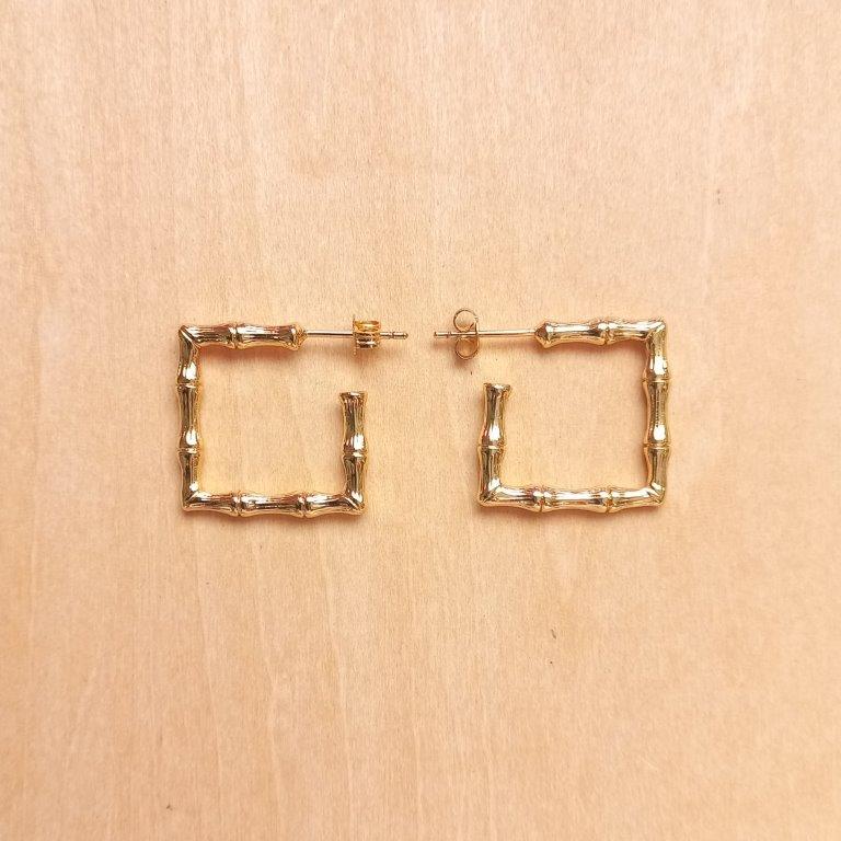 18K Gold Plated Bamboo Square Half Hoop Stud Earrings 22x22x3mm
