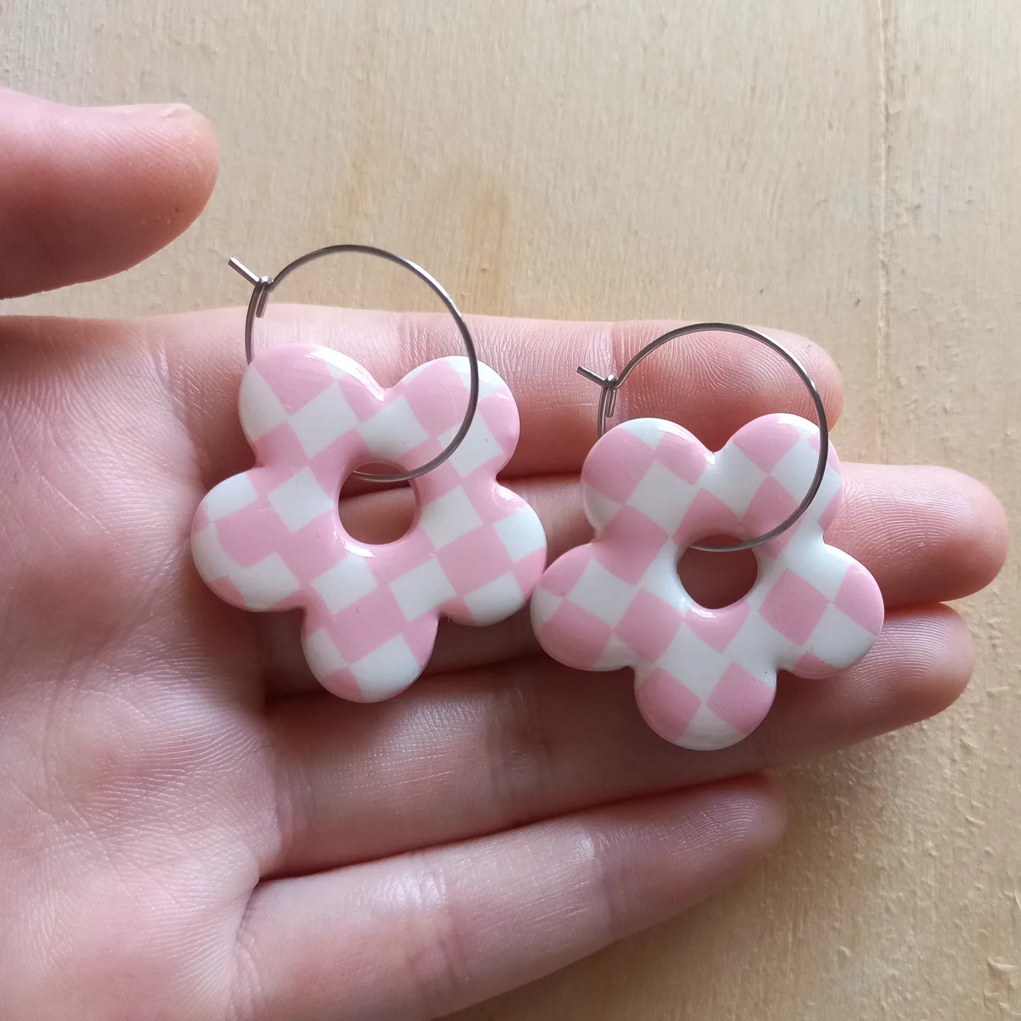 Pink Checkered Flower Earrings