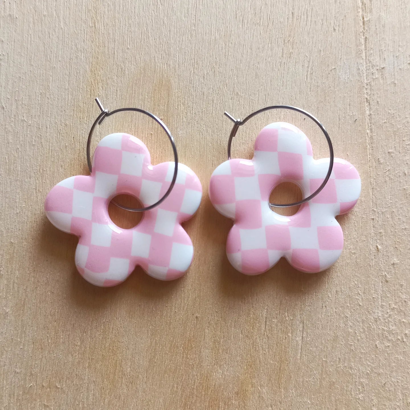 Pink Checkered Flower Earrings