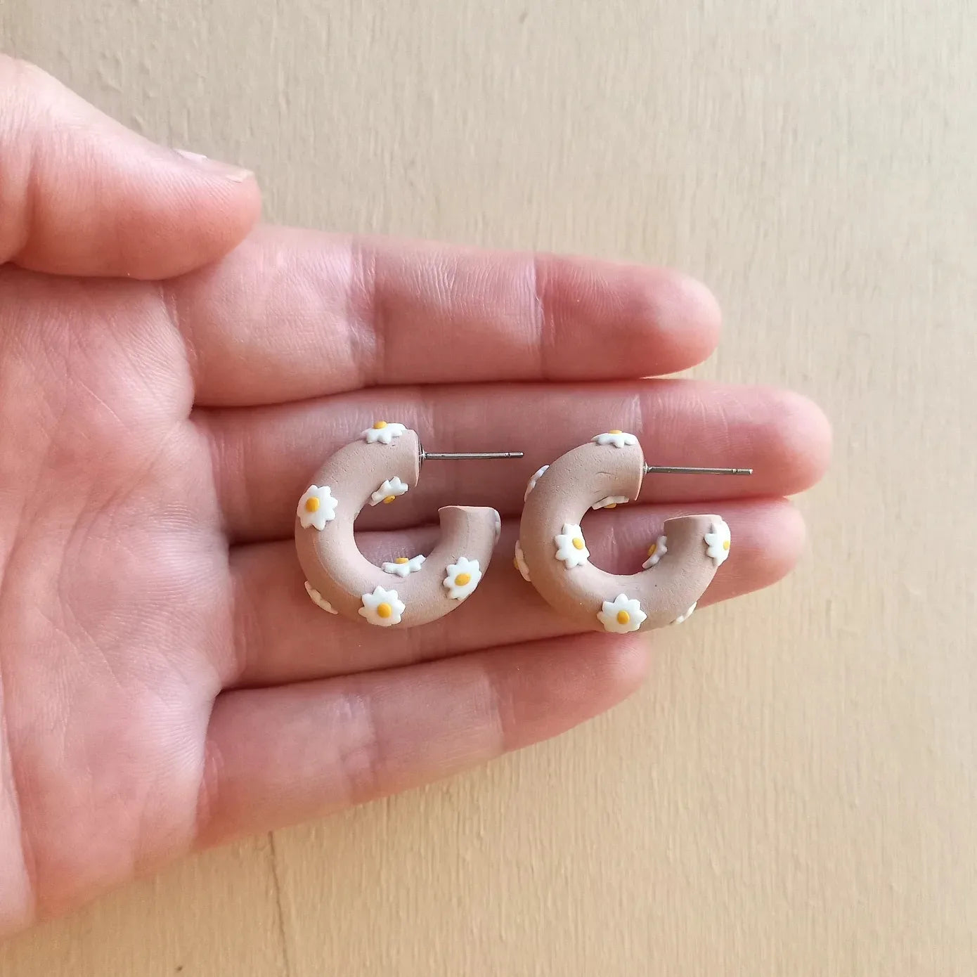 Beige with White Flowers Hoops