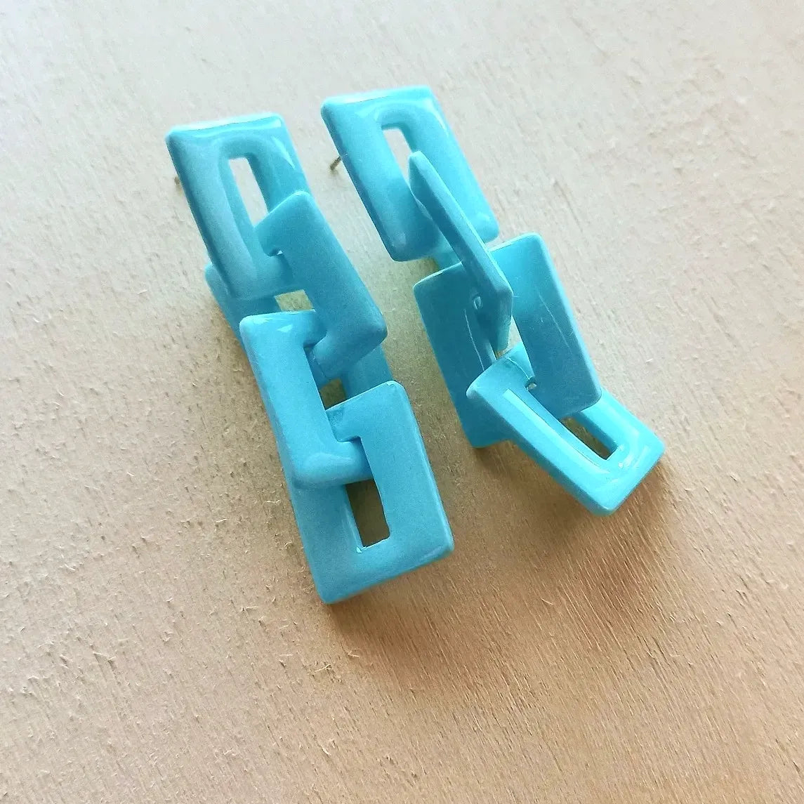 Blue Square Chainlink Dangle Studs