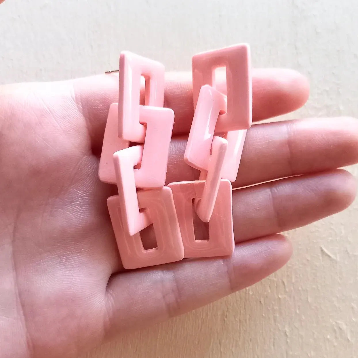 Pink Square Chainlink Dangle Studs