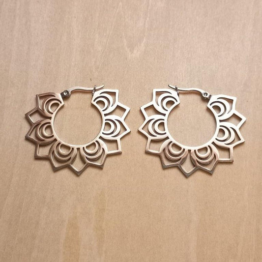 Stainless Steel Bohemian Flower Hoop Earrings 36x40mm