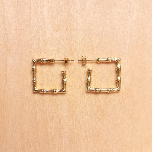 18K Gold Plated Bamboo Square Half Hoop Stud Earrings 22x22x3mm
