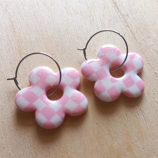 Pink Checkered Flower Earrings