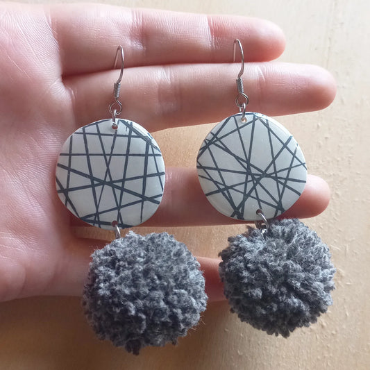 Abstract Lines Grey Pompom earrings