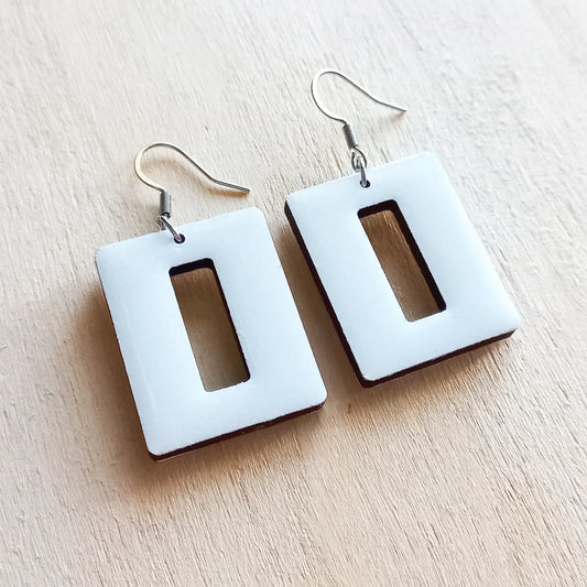 White Wood Short Rectangle Earrings