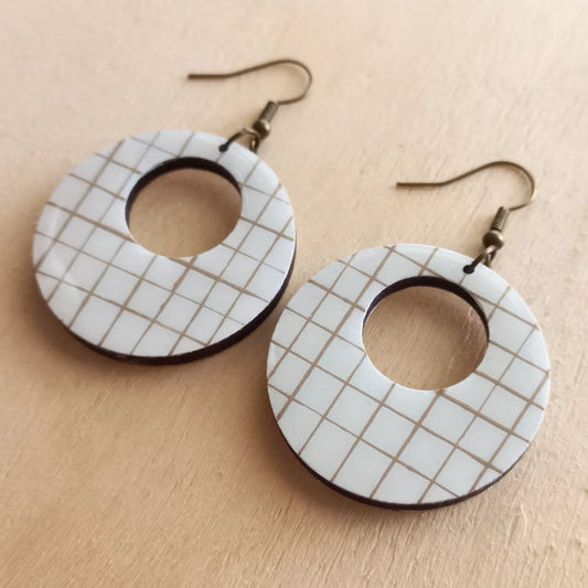 White Plaid Hoops Wood Earrings