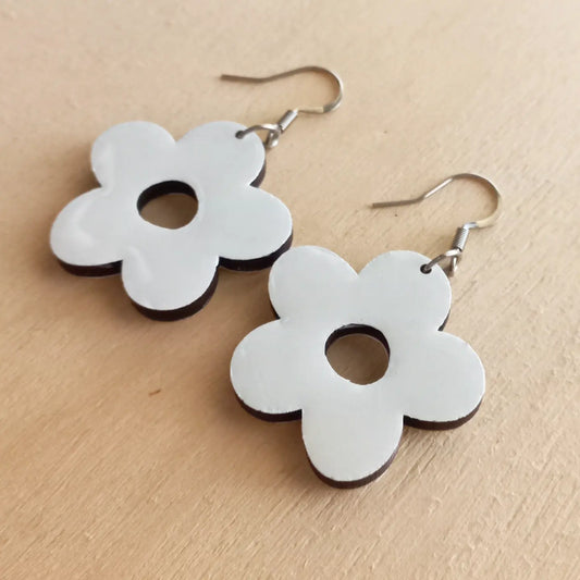 White Flower Wood Earrings