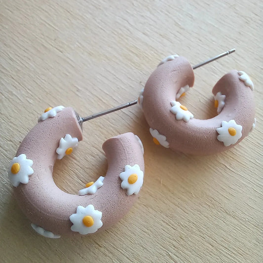 Beige with White Flowers Hoops