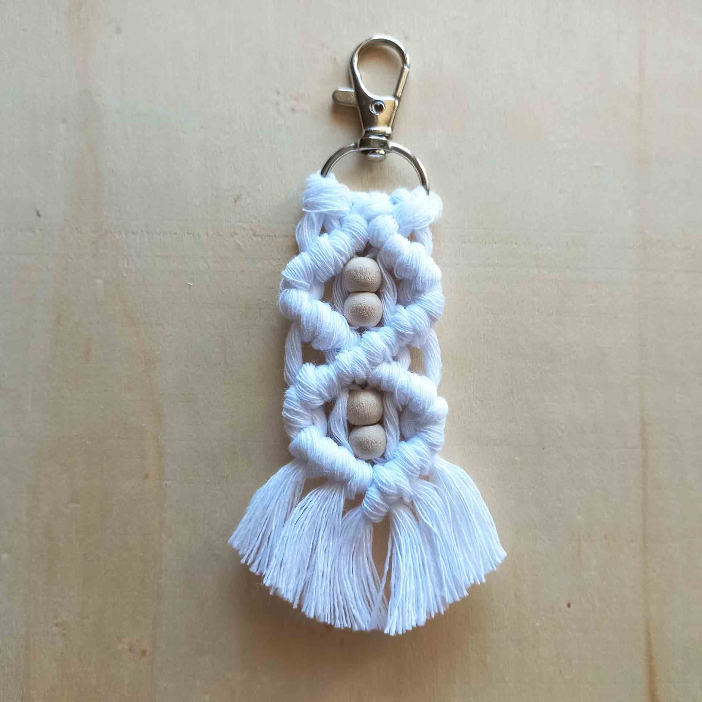 White Macrame Key Ring with Beads