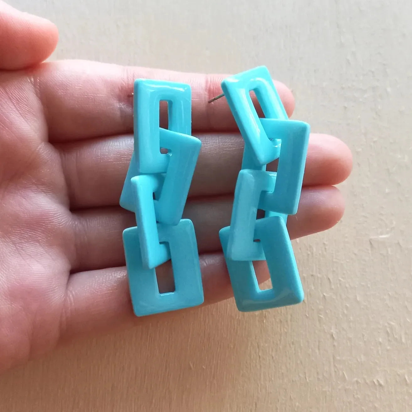 Blue Square Chainlink Dangle Studs