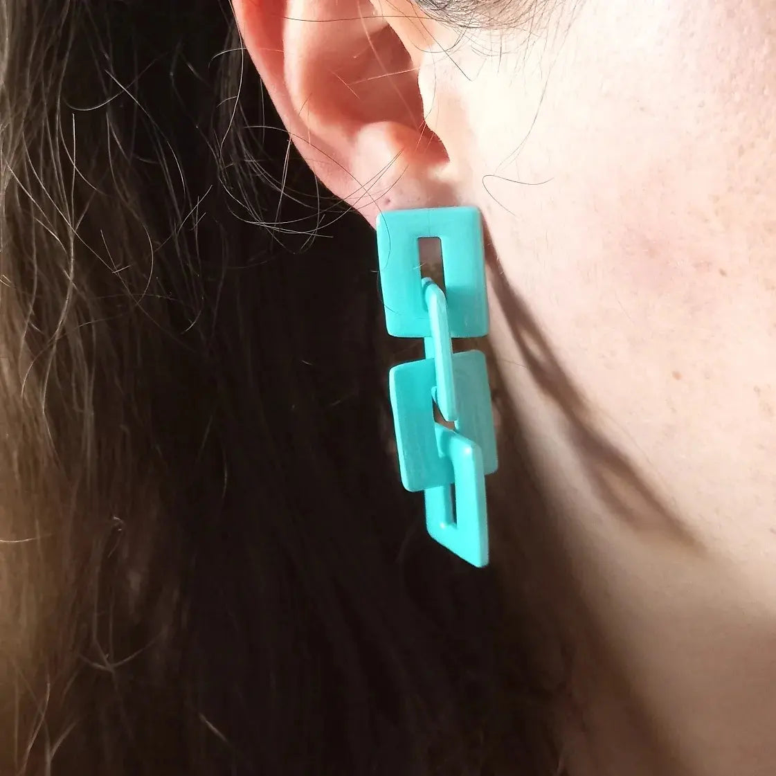 Blue Square Chainlink Dangle Studs
